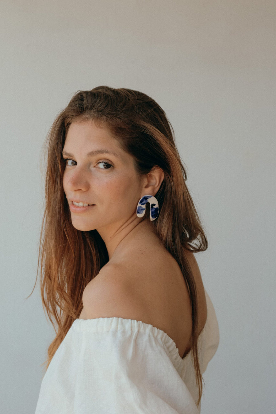 Blanca Olmos Studio Valentina Earrings Blue White u shape hand made spain albacete stud drop pattern ceramic stainless steel international slow fashion emerging designer global brand free delivery independent imported imitation costume jewelry accessory