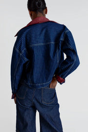 dark wash blue indigo denim bermuda shorts jorts knee length tailored stripe pinstripe upcycled reworked ethical sustainable high rise waist waisted quito ecuador international global slow fashion marketplace bleu cour handmade casual dress up streetwear