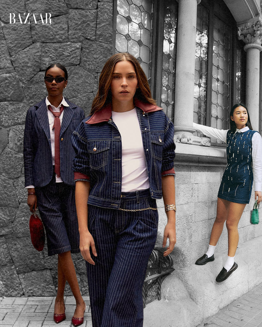 dark wash blue indigo denim bermuda shorts jorts knee length tailored stripe pinstripe upcycled reworked ethical sustainable high rise waist waisted quito ecuador international global slow fashion marketplace bleu cour handmade casual dress up streetwear