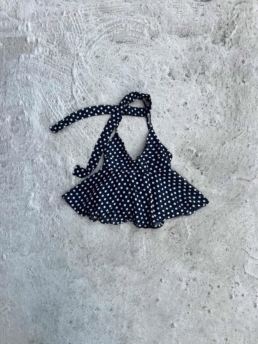 polka dot halter top cami blouse neck scarf semi-sheer black white multi strap multi way v-neck flowy yunifz xalapa monterrey mexico versatile slow fashion international global handmade