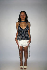 polka dot halter top cami blouse neck scarf semi-sheer black white multi strap multi way v-neck flowy yunifz xalapa monterrey mexico versatile slow fashion international global handmade