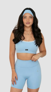 light pale baby blue white activewear matching set crop top spaghetti strap sleeveless contrast trim round neck headband stretchy pilates yoga tennis golf strength training everyday soft freedom light support gym clothes athleisure workout inala quito ecuador slow fashion international global handmade sustainable