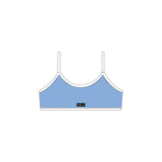 light pale baby blue white activewear matching set crop top spaghetti strap sleeveless contrast trim round neck  stretchy pilates yoga tennis golf strength training everyday soft freedom light support gym clothes athleisure workout inala quito ecuador slow fashion international global handmade sustainable