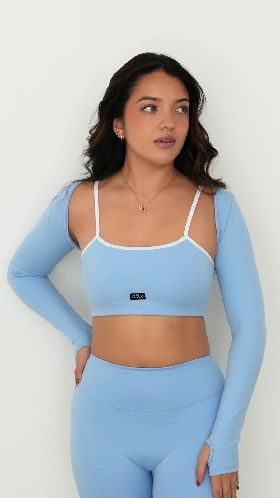 light pale baby blue white activewear matching set crop top spaghetti strap sleeveless contrast trim round neck bolero  stretchy pilates yoga tennis golf strength training everyday soft freedom light support gym clothes athleisure workout inala quito ecuador slow fashion international global handmade sustainable