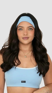 light pale baby blue white activewear matching set crop top spaghetti strap sleeveless contrast trim round neck heaadband stretchy pilates yoga tennis golf strength training everyday soft freedom light support gym clothes athleisure workout inala quito ecuador slow fashion international global handmade sustainable