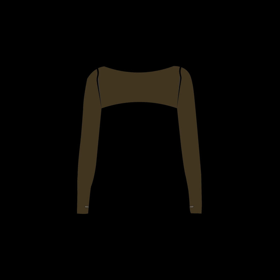dark brown activewear matching set bolero layering long sleeve stretchy pilates yoga tennis golf strength training everyday soft freedom light support gym clothes athleisure workout inala quito ecuador slow fashion international global handmade sustainable