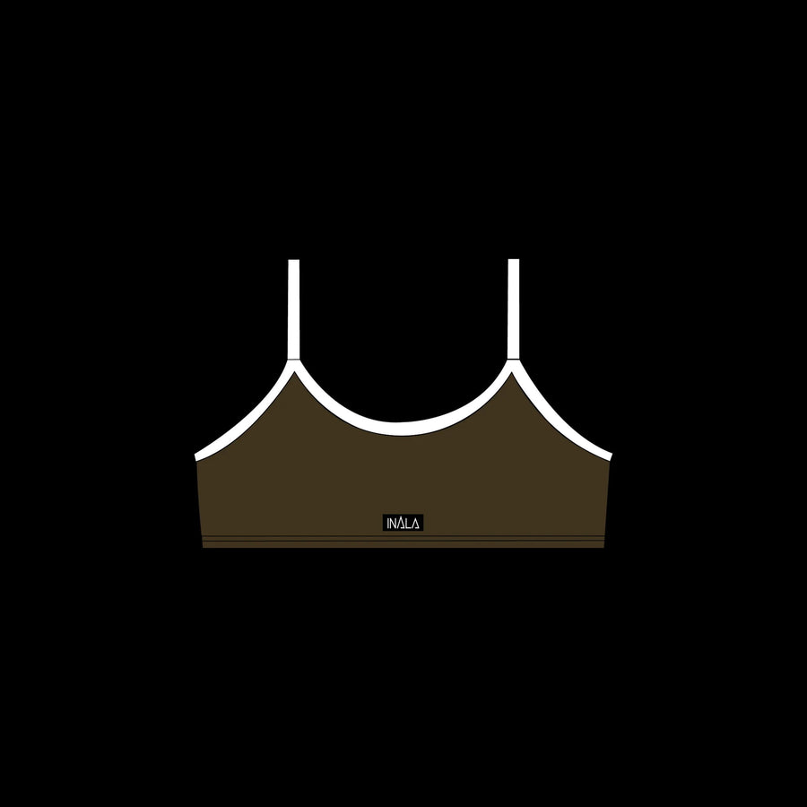 dark brown white activewear matching set crop top spaghetti strap sleeveless contrast trim round neck stretchy pilates yoga tennis golf strength training everyday soft freedom light support gym clothes athleisure workout inala quito ecuador slow fashion international global handmade sustainable