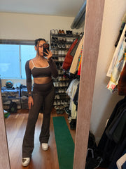 dark brown white activewear matching set crop top spaghetti strap sleeveless contrast trim round neck bolero high waisted flare leggings stretchy pilates yoga tennis golf strength training everyday soft freedom light support gym clothes athleisure workout inala quito ecuador slow fashion international global handmade sustainable