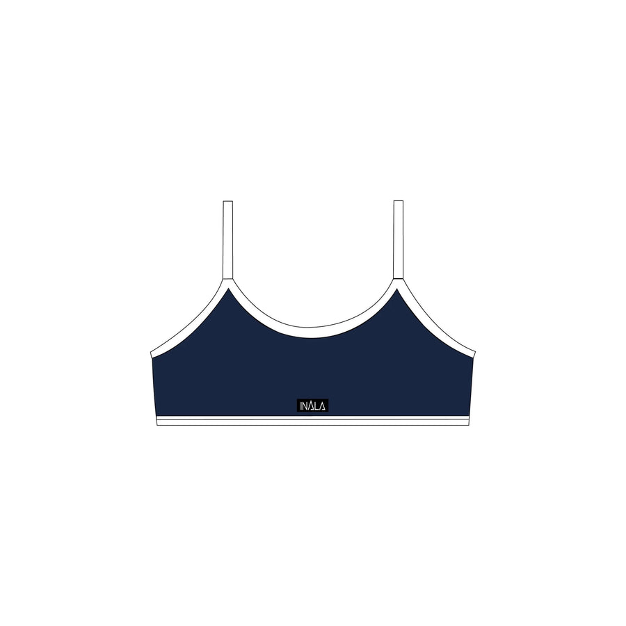 navy blue white activewear matching set crop top spaghetti strap sleeveless contrast trim round neck stretchy pilates yoga tennis golf strength training everyday soft freedom light support gym clothes athleisure workout inala quito ecuador slow fashion international global handmade sustainable