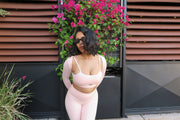 light pale baby pink white activewear matching set crop top spaghetti strap sleeveless contrast trim round neck bolero flare leggings stretchy pilates yoga tennis golf strength training everyday soft freedom light support gym clothes athleisure workout inala quito ecuador slow fashion international global handmade sustainable