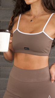 taupe tan brown white activewear matching set crop top spaghetti strap sleeveless contrast trim round neck stretchy pilates yoga tennis golf strength training everyday soft freedom light support gym clothes athleisure workout inala quito ecuador slow fashion international global handmade sustainable