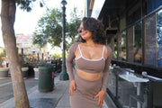 taupe tan brown white activewear matching set crop top spaghetti strap sleeveless contrast trim round neck bolero a line mini skirt skort pockets stretchy pilates yoga tennis golf strength training everyday soft freedom light support gym clothes athleisure workout inala quito ecuador slow fashion international global handmade sustainable