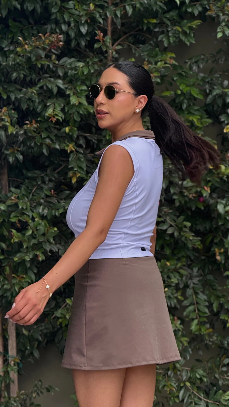 taupe tan brown white skirt skort activewear matching set crop top spaghetti strap sleeveless contrast trim round neck bolero headband stretchy pilates yoga tennis golf strength training everyday pockets soft freedom light support gym clothes athleisure workout inala quito ecuador slow fashion international global handmade sustainable