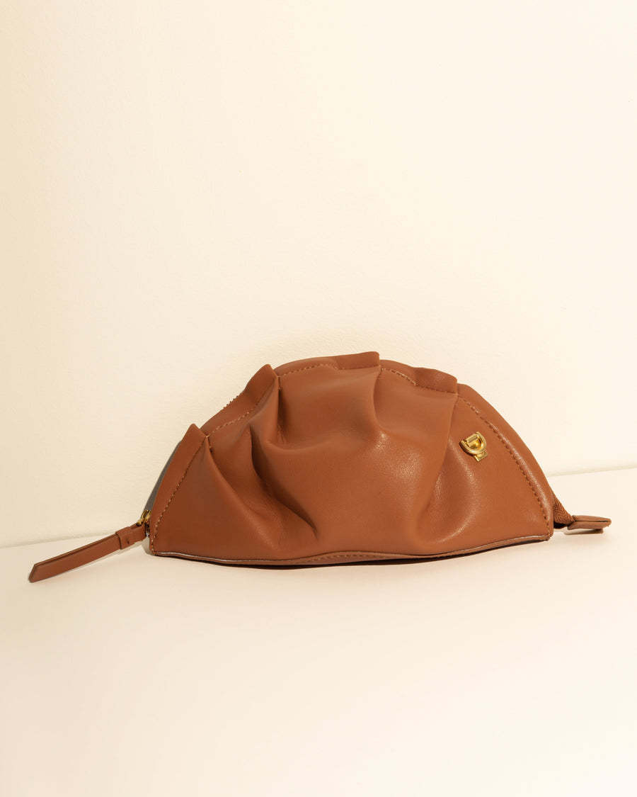 mini gyoza bag brown caramel purse handbag crossbody shoulder tan gold hardware wrist strap adjustable long strap leather zipper madrid spain international fashion imported independent designer slow fashion brand