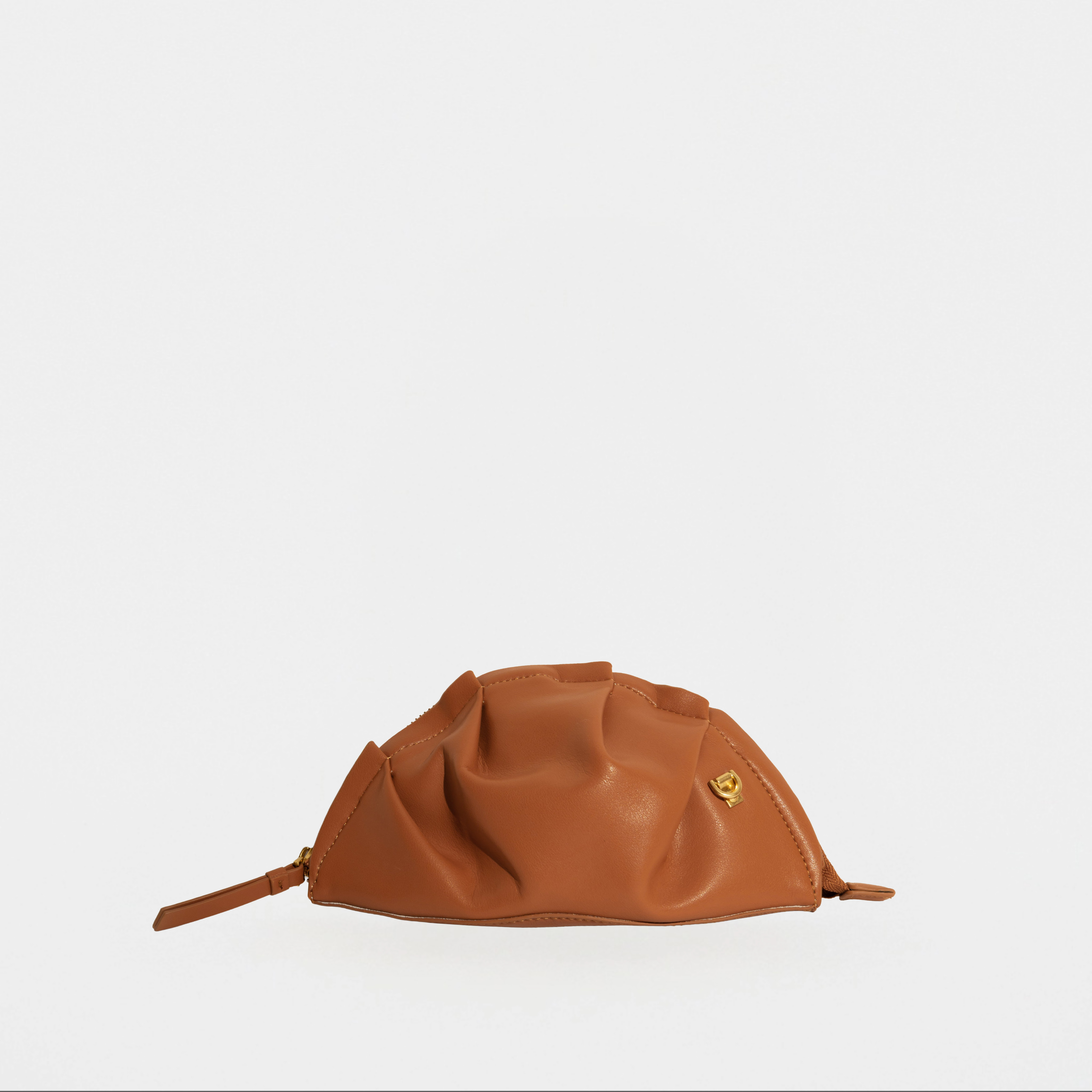 mini gyoza bag brown caramel purse handbag crossbody shoulder tan gold hardware wrist strap adjustable long strap leather zipper madrid spain international fashion imported independent designer slow fashion brand