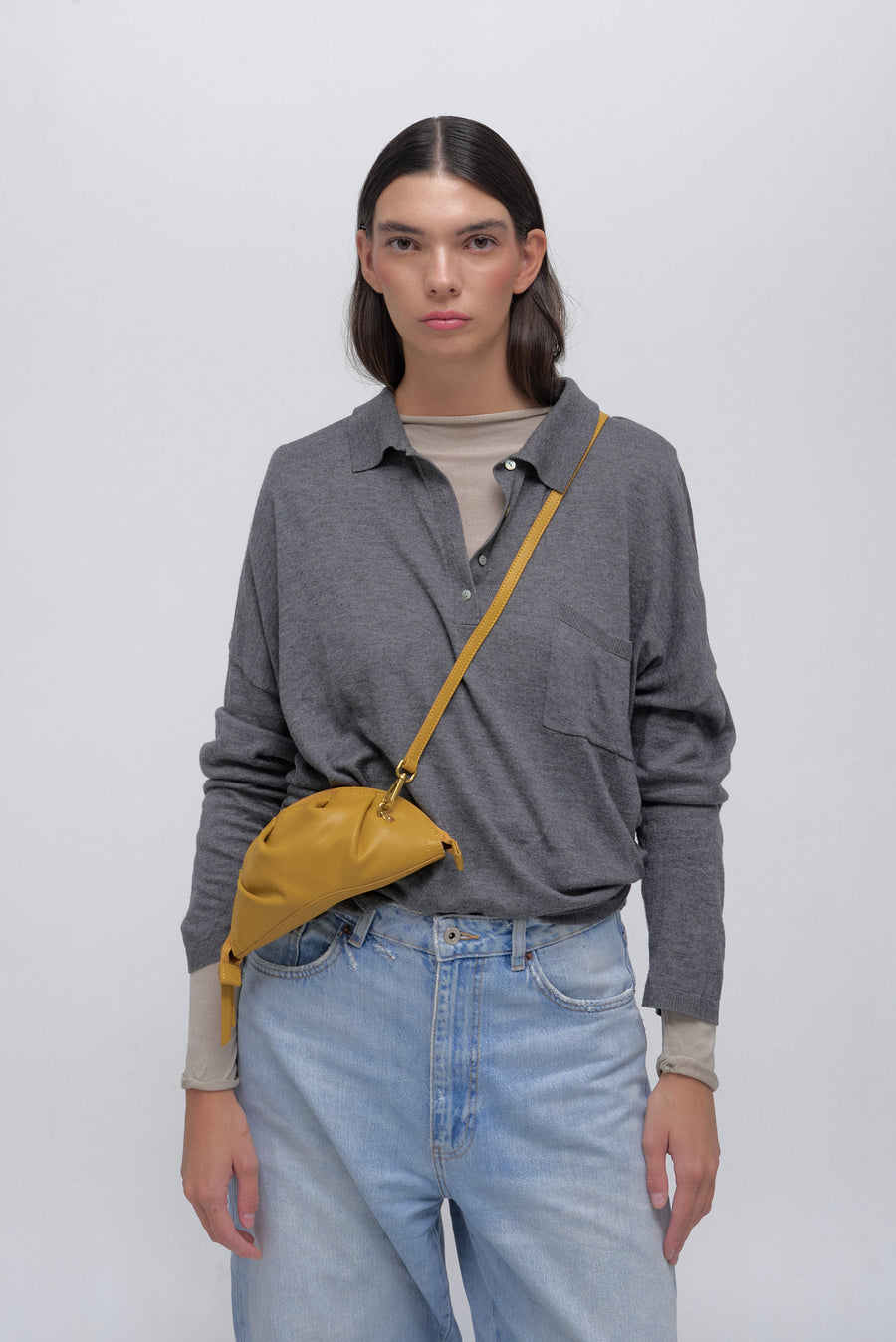 mini gyoza bag mustard yellow purse handbag crossbody shoulder convertible gold hardware short strap adjustable long strap leather zipper madrid spain international fashion imported independent designer slow fashion brand