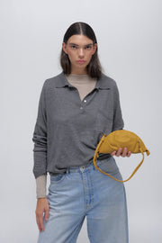 mini gyoza bag mustard yellow purse handbag crossbody shoulder convertible gold hardware short strap adjustable long strap leather zipper madrid spain international fashion imported independent designer slow fashion brand