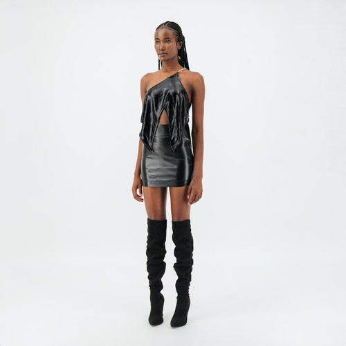 ÚCHÈ Black Asymmetric Draped Top one shoulder silver rhinestone strap party going out international imported independent fashion clothing shirt world global designers