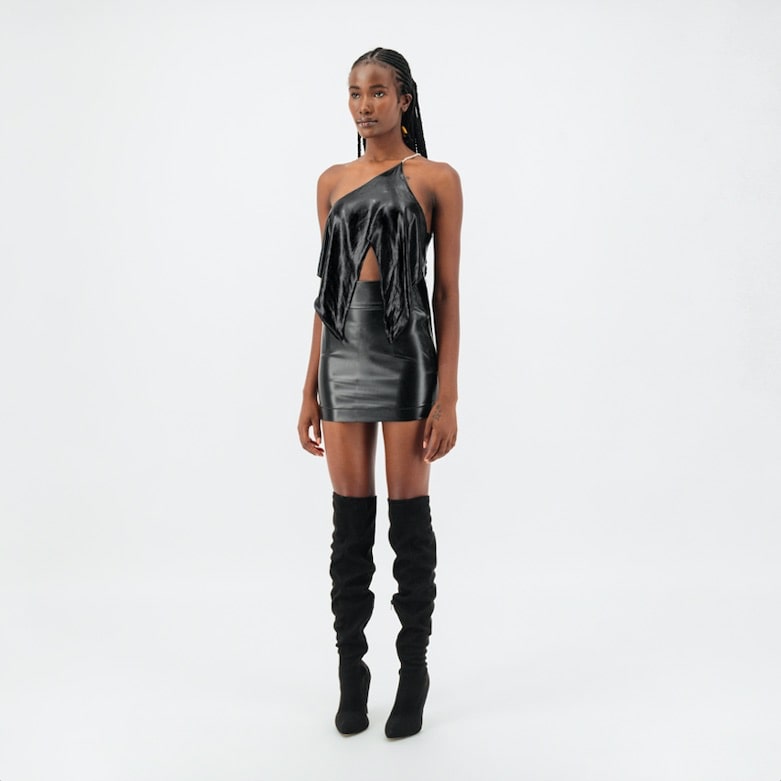 ÚCHÈ Black Asymmetric Draped Top one shoulder silver rhinestone strap party going out international imported independent fashion clothing shirt world global designers