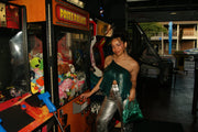 ÚCHÈ Green Asymmetric Draped Top one shoulder silver rhinestone strap party going out international imported independent fashion clothing shirt world global designers arcade coin op rewards program the mile club