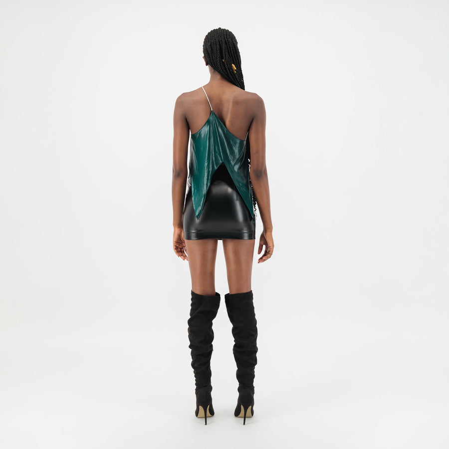 ÚCHÈ Green Asymmetric Draped Top one shoulder silver rhinestone strap party going out international imported independent fashion clothing shirt world global designers