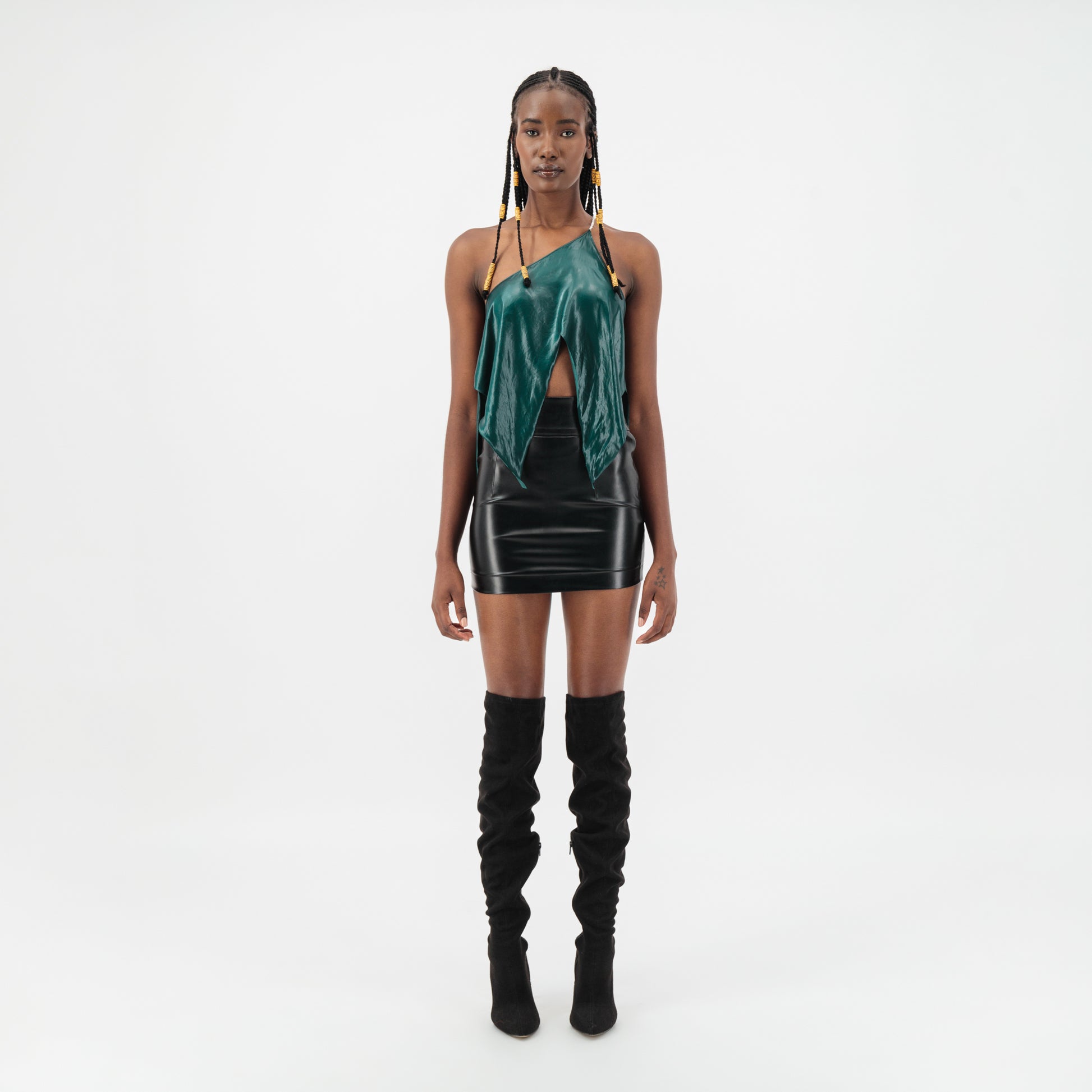 ÚCHÈ Green Asymmetric Draped Top one shoulder silver rhinestone strap party going out international imported independent fashion clothing shirt world global designers