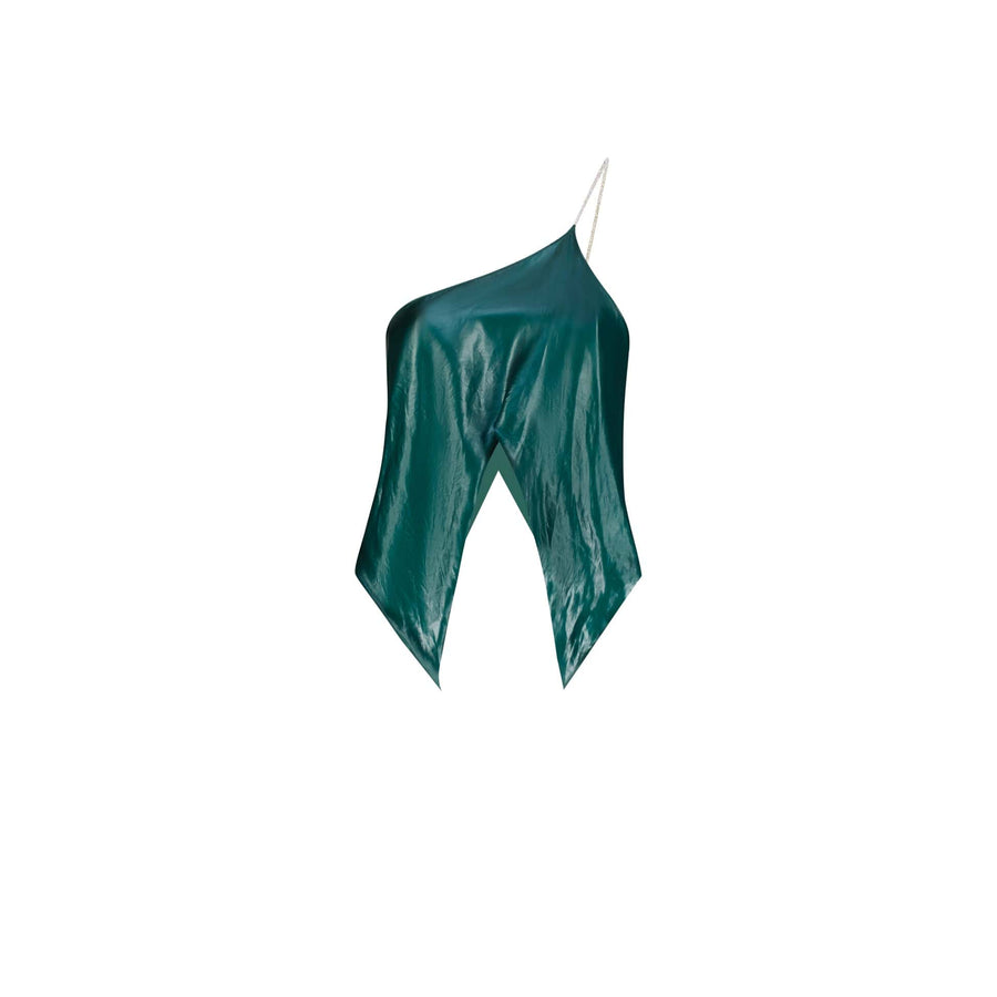 ÚCHÈ Green Asymmetric Draped Top one shoulder silver rhinestone strap party going out international imported independent fashion clothing shirt world global designers