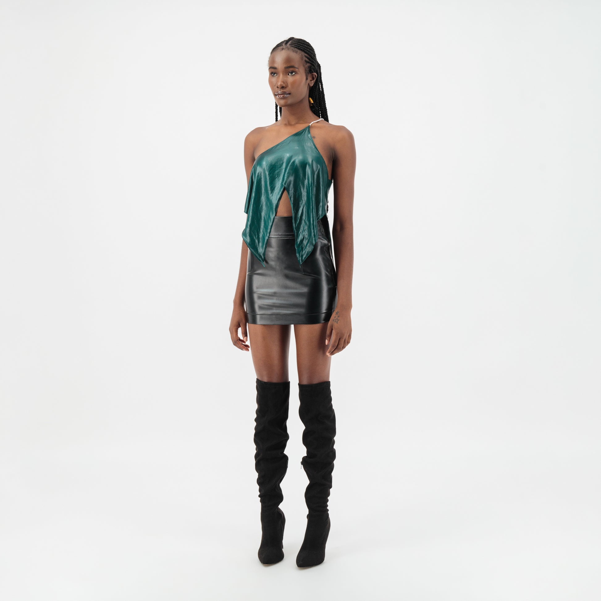 ÚCHÈ Green Asymmetric Draped Top one shoulder silver rhinestone strap party going out international imported independent fashion clothing shirt world global designers