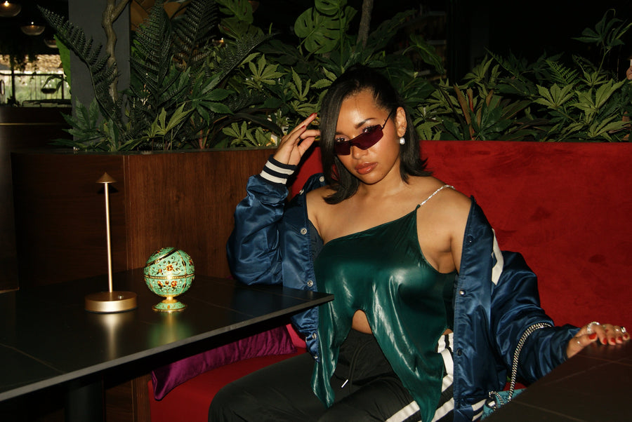 ÚCHÈ Green Asymmetric Draped Top one shoulder silver rhinestone strap party going out international imported independent fashion clothing shirt world global designers