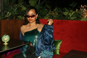 ÚCHÈ Green Asymmetric Draped Top one shoulder silver rhinestone strap party going out international imported independent fashion clothing shirt world global designers
