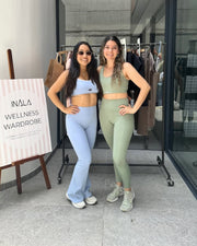 light pale baby blue white activewear matching set crop top spaghetti strap sleeveless contrast trim round neck  stretchy pilates yoga tennis golf strength training everyday soft freedom light support gym clothes athleisure workout inala quito ecuador slow fashion international global handmade sustainable
