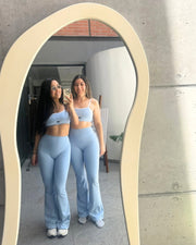 light pale baby blue white activewear matching set crop top spaghetti strap sleeveless contrast trim round neck  stretchy pilates yoga tennis golf strength training everyday soft freedom light support gym clothes athleisure workout inala quito ecuador slow fashion international global handmade sustainable