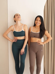 taupe tan brown dark forest green white activewear matching set crop top spaghetti strap sleeveless contrast trim round neck stretchy pilates yoga tennis golf strength training everyday soft freedom light support gym clothes athleisure workout inala quito ecuador slow fashion international global handmade sustainable