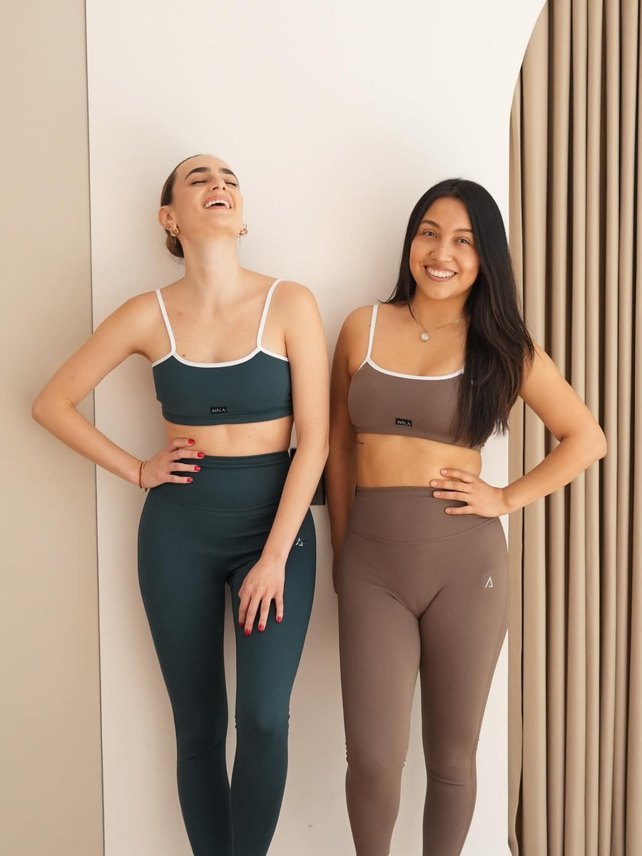 taupe tan brown dark forest green white activewear matching set crop top spaghetti strap sleeveless contrast trim round neck stretchy pilates yoga tennis golf strength training everyday soft freedom light support gym clothes athleisure workout inala quito ecuador slow fashion international global handmade sustainable