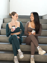 taupe tan brown dark forest green white activewear matching set crop top spaghetti strap sleeveless contrast trim round neck bolero stretchy pilates yoga tennis golf strength training everyday soft freedom light support gym clothes athleisure workout inala quito ecuador slow fashion international global handmade sustainable