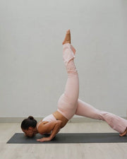 light pale baby pink white activewear matching set crop top spaghetti strap sleeveless contrast trim round neck high waisted flare leggings stretchy pilates yoga tennis golf strength training everyday soft freedom light support gym clothes athleisure workout inala quito ecuador slow fashion international global handmade sustainable