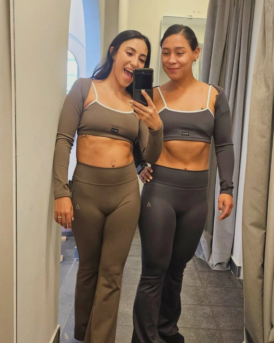 taupe tan brown white activewear matching set crop top spaghetti strap sleeveless contrast trim round neck bolero stretchy pilates yoga tennis golf strength training everyday soft freedom light support gym clothes athleisure workout inala quito ecuador slow fashion international global handmade sustainable